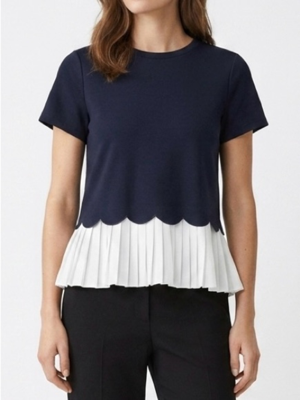 Sugarlips Navy Scalloped Hem Pleated Contrast Top NWT Size M
